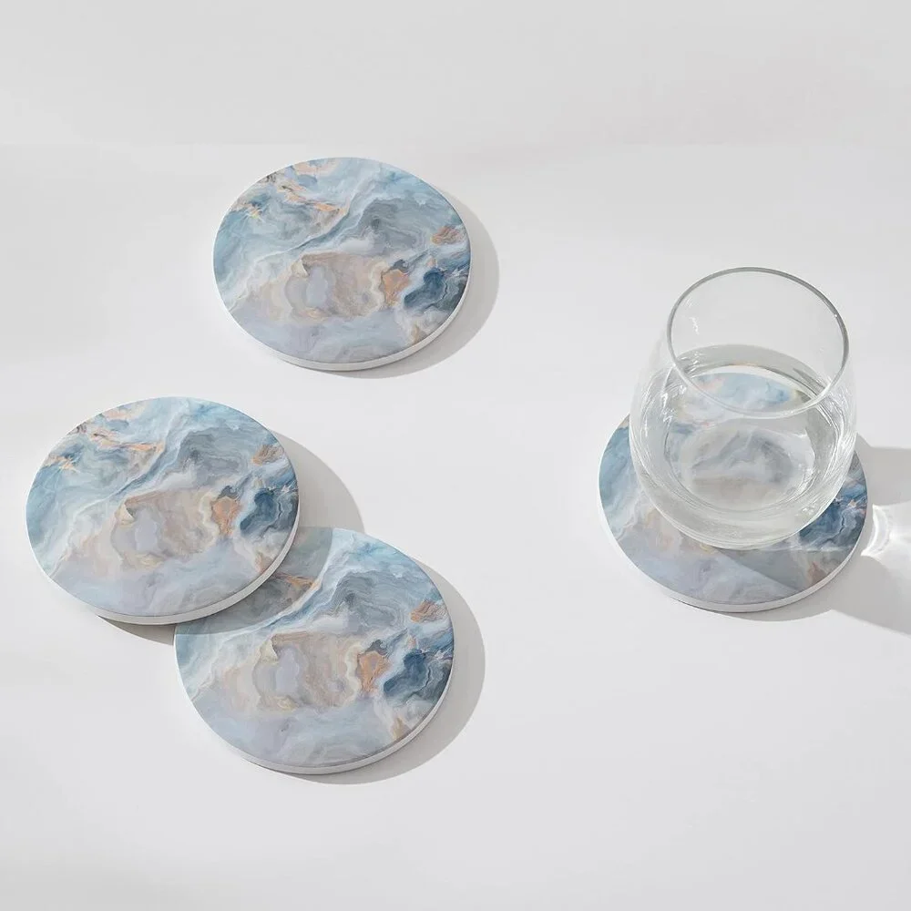 Set of 6 Abstract Blue Marble Coasters with Holder, Absorbent Ceramic Coasters f